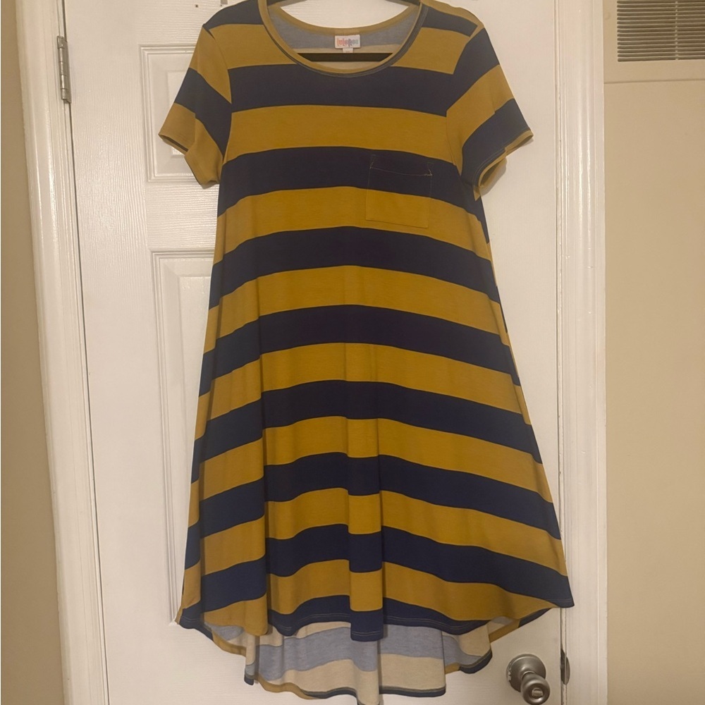 LuLaRoe XS Mustard & Navy Striped High-Low Swing Dress | - Picture 3 of 9